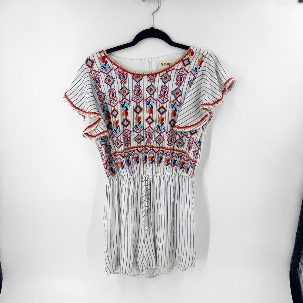 Savanna Jane Embroidered Boho Romper Womens Medium White Blue Stripe Ruffle